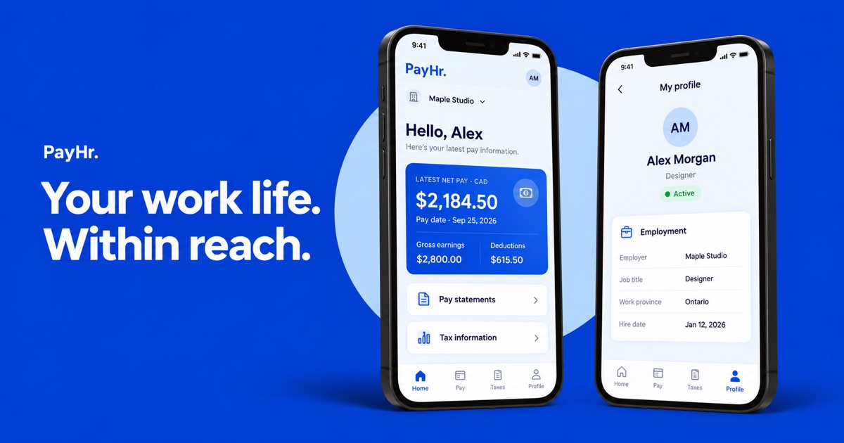 Illustrative preview of the PayHr employee app with fictional sample data.