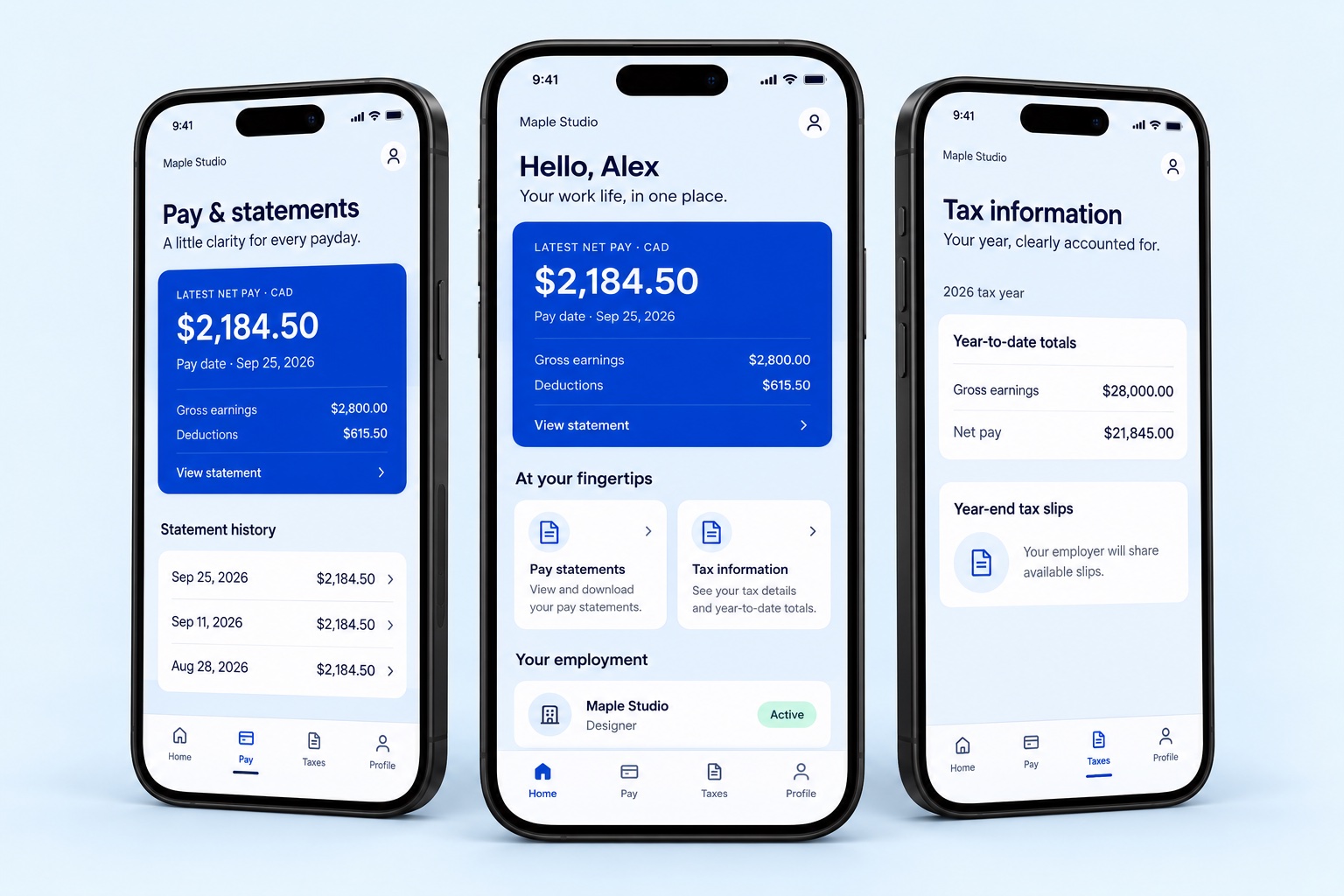 Illustrative app previews of Home, Pay and Taxes using fictional Maple Studio payroll data.