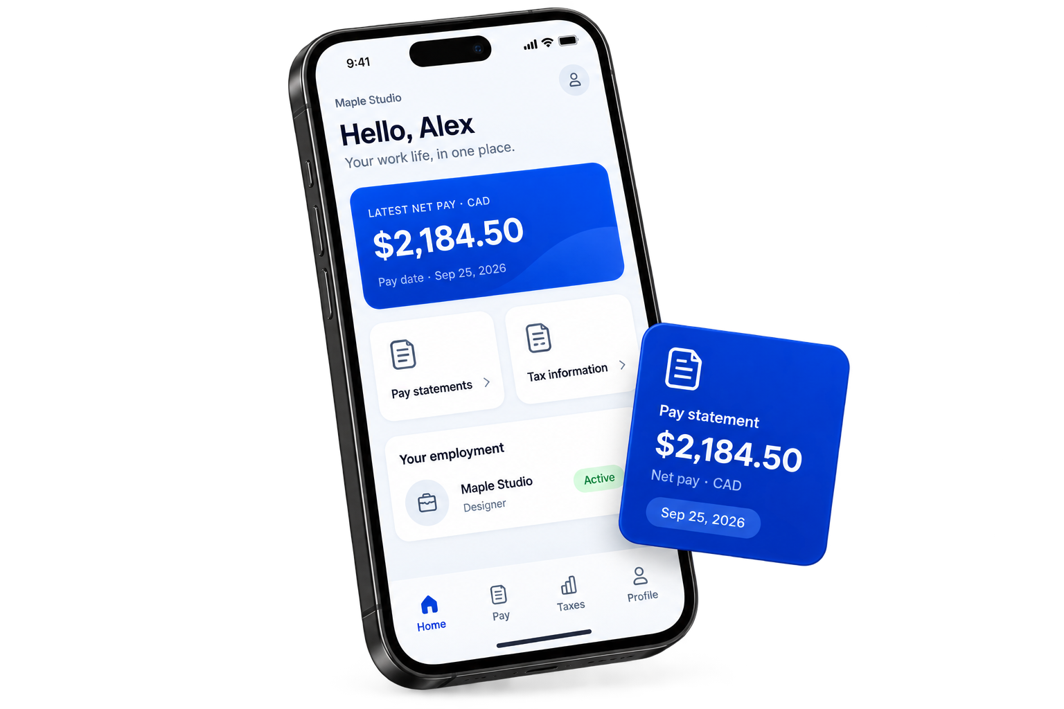 Illustrative PayHr employee app on a floating phone with a pay statement card. All names and amounts are fictional.