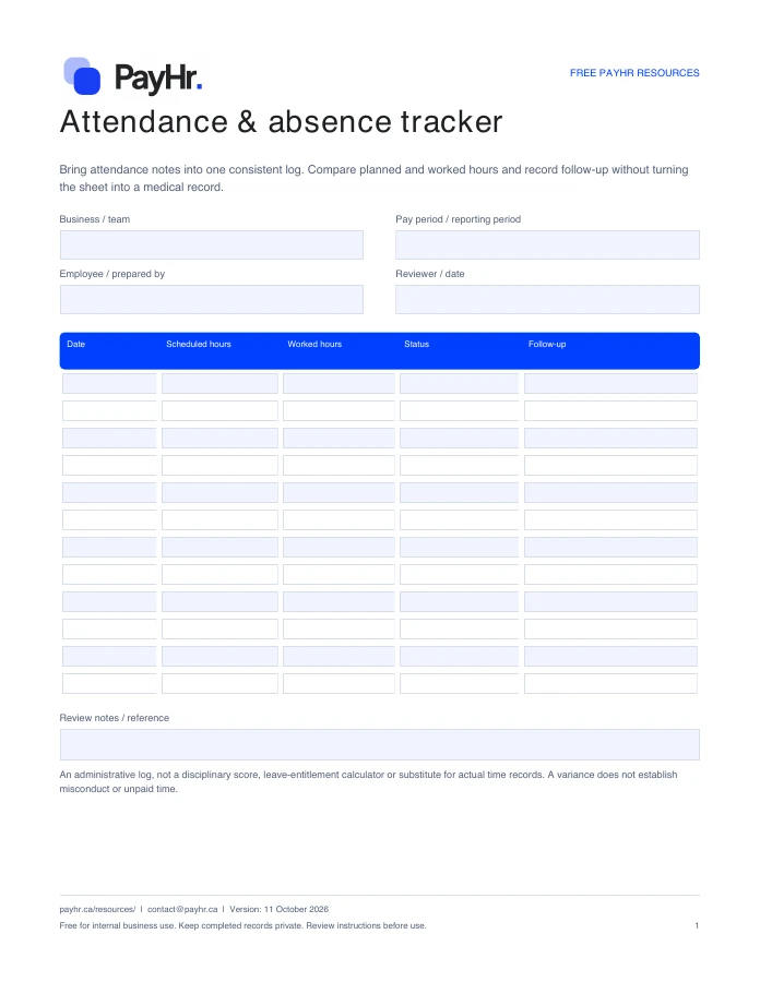 Preview of the first page of the PayHr attendance & absence tracker