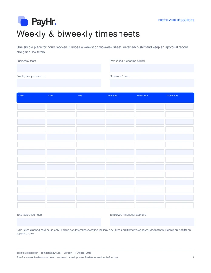 Preview of the first page of the PayHr weekly & biweekly timesheets