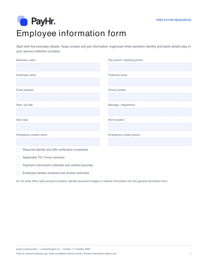 Preview of the first page of the PayHr employee information form