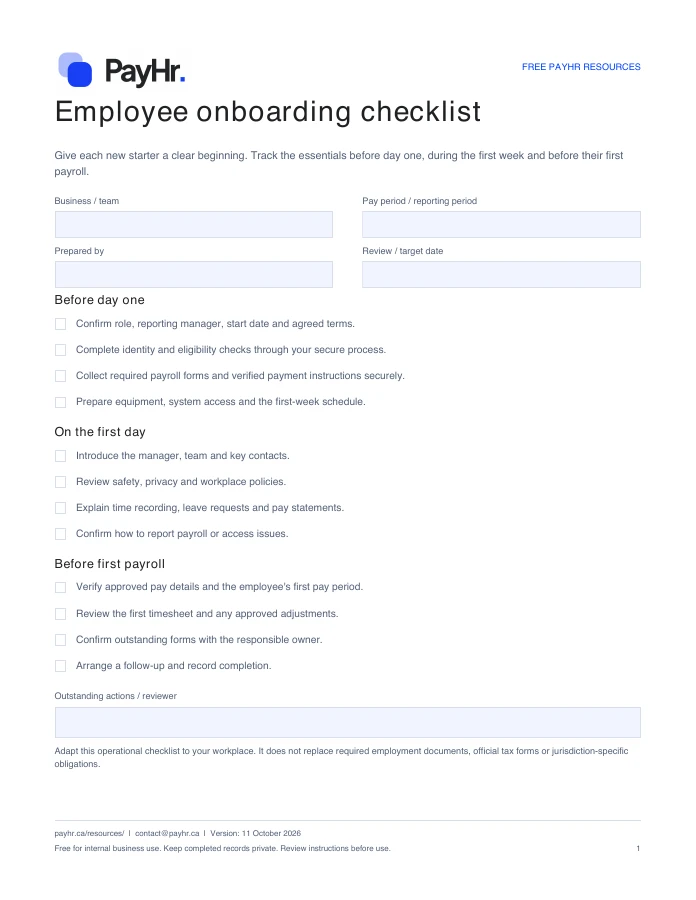 Preview of the first page of the PayHr employee onboarding checklist