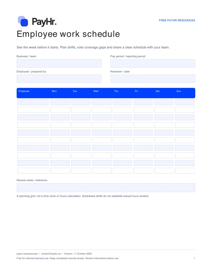Preview of the first page of the PayHr employee work schedule