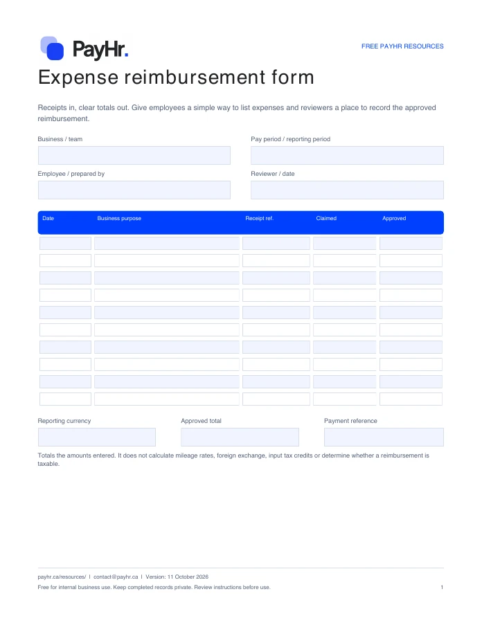 Preview of the first page of the PayHr expense reimbursement form