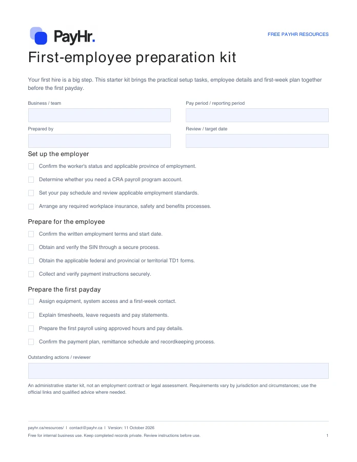 Preview of the first page of the PayHr first-employee preparation kit