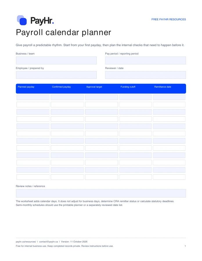Preview of the first page of the PayHr payroll calendar planner
