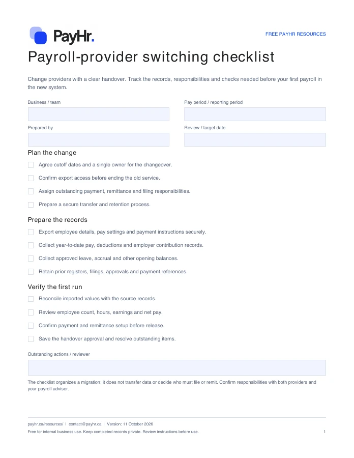 Preview of the first page of the PayHr payroll-provider switching checklist