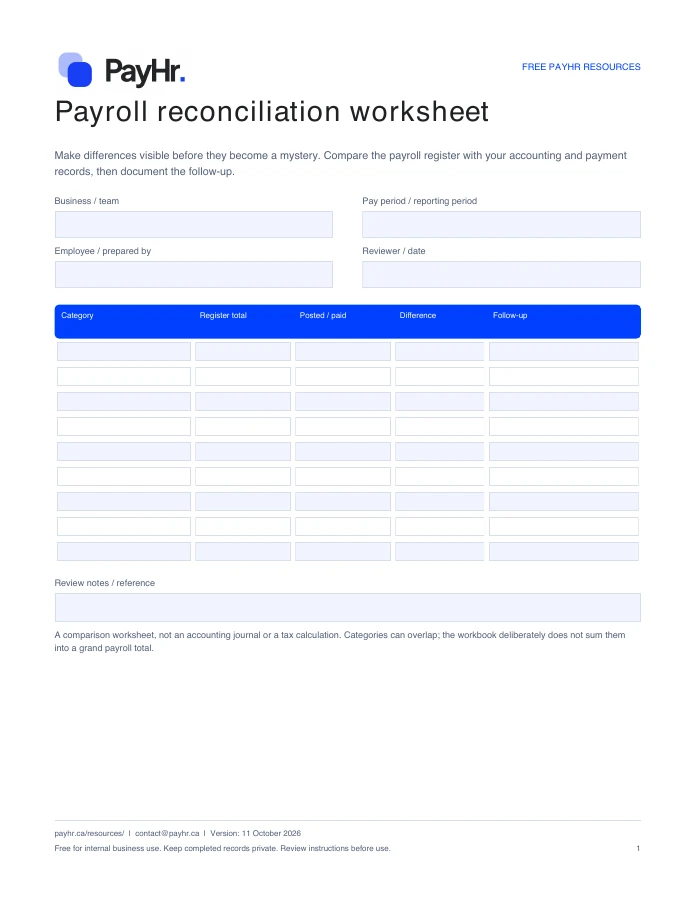 Preview of the first page of the PayHr payroll reconciliation worksheet