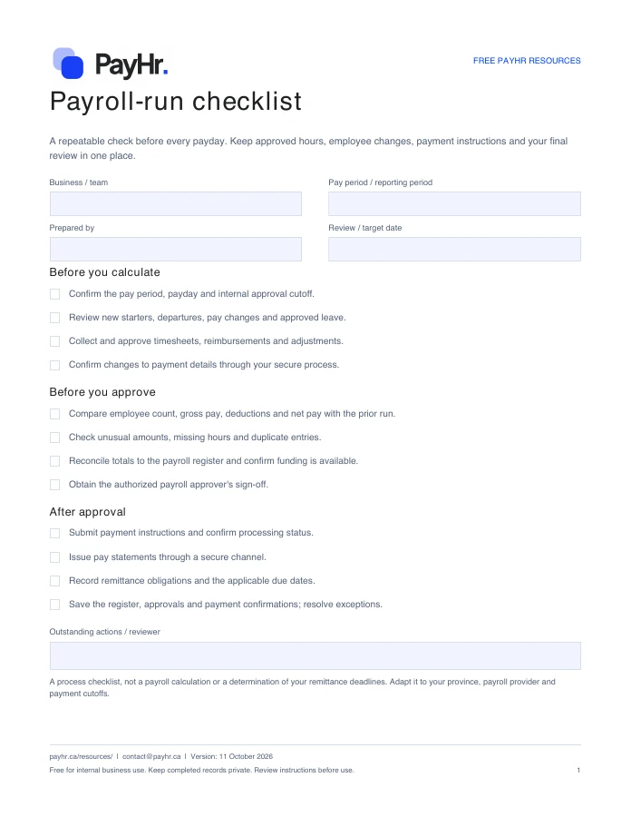 Preview of the first page of the PayHr payroll-run checklist
