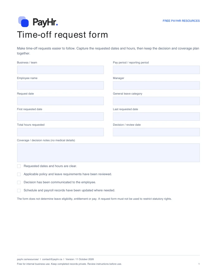 Preview of the first page of the PayHr time-off request form