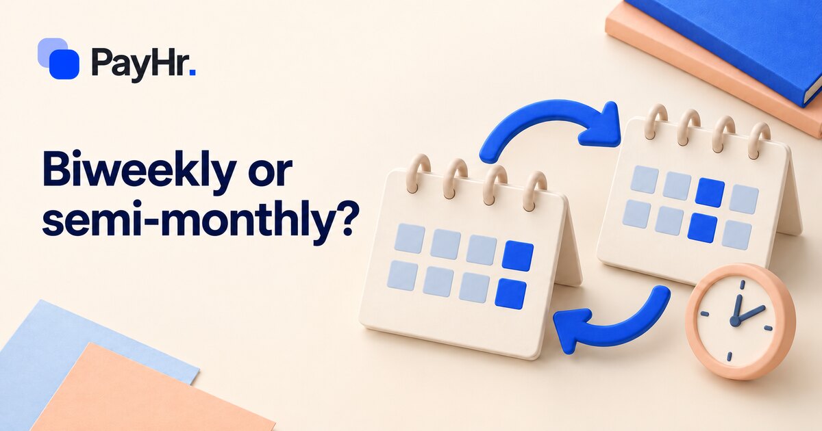 PayHr pay schedule guide with two ivory calendars and a cobalt arrow.