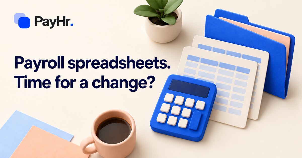 PayHr payroll spreadsheet guide with a cobalt calculator, spreadsheet sheets and payroll folder.
