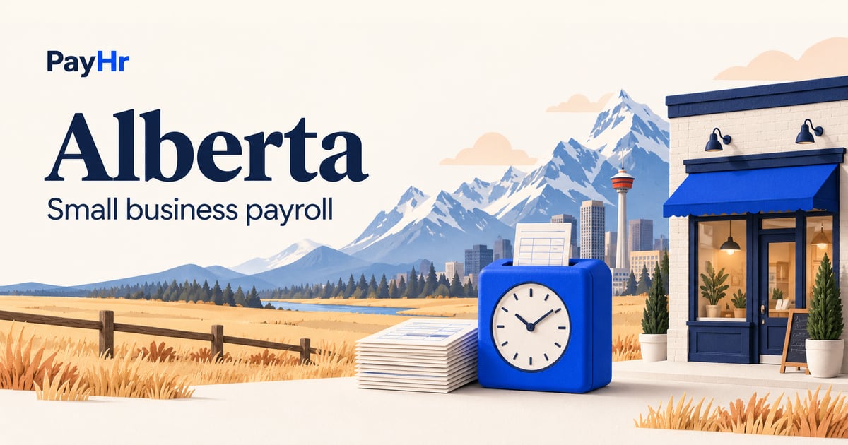 PayHr Alberta small-business payroll guide with a provincial landscape and payroll illustration.