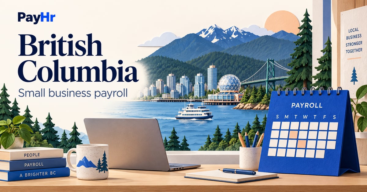 PayHr British Columbia small-business payroll guide with a provincial landscape and payroll illustration.