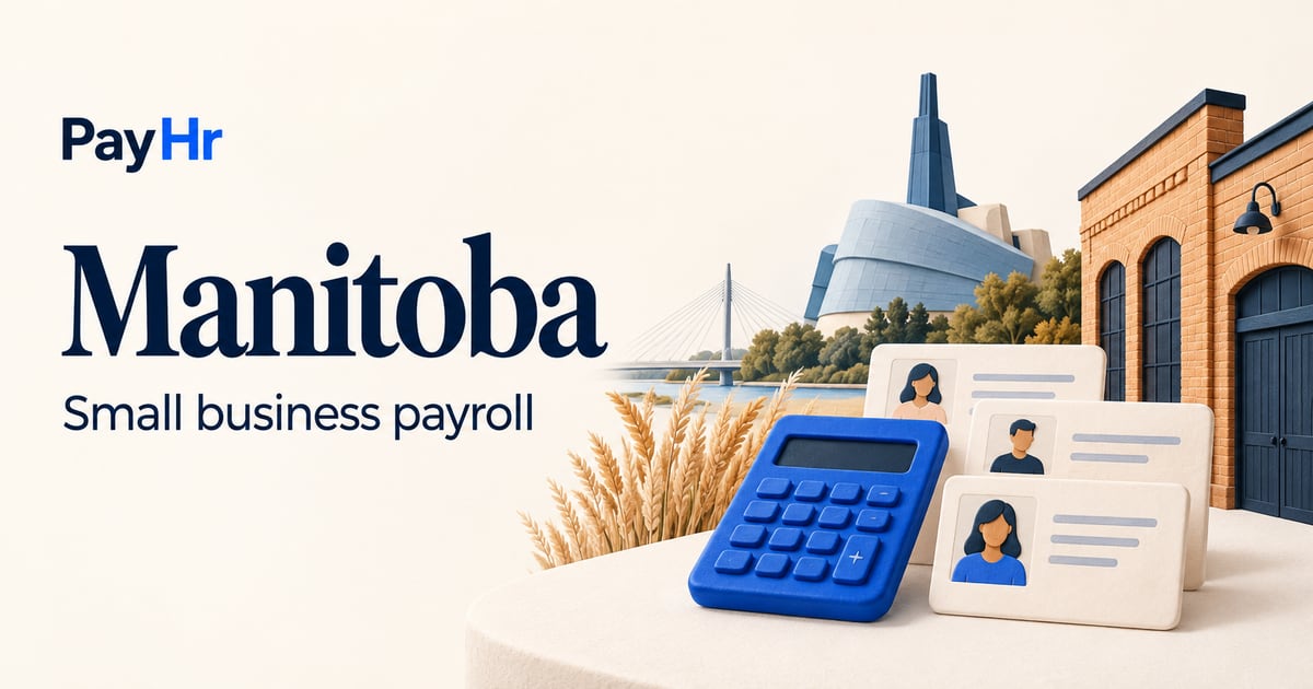 PayHr Manitoba small-business payroll guide with a provincial landscape and payroll illustration.