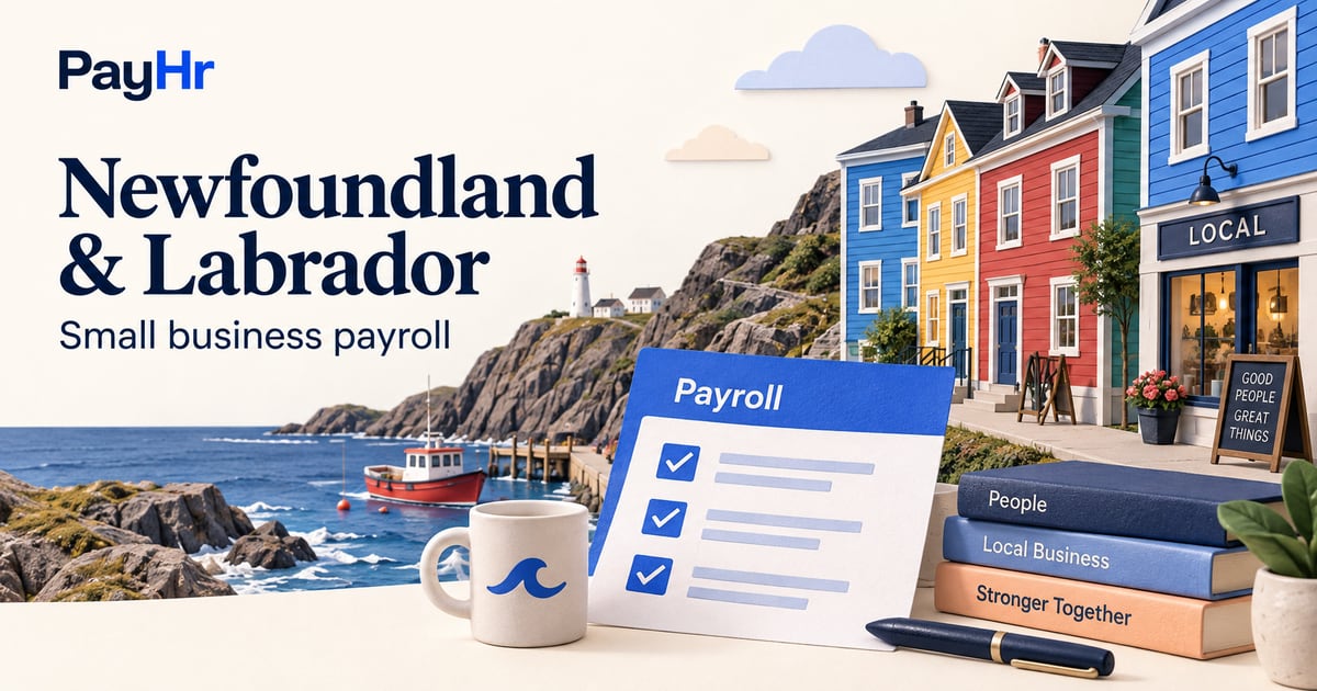 PayHr Newfoundland And Labrador small-business payroll guide with a provincial landscape and payroll illustration.