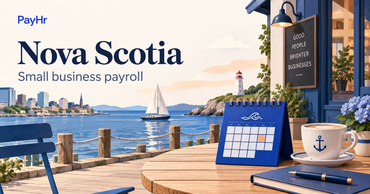 PayHr Nova Scotia small-business payroll guide with a provincial landscape and payroll illustration.