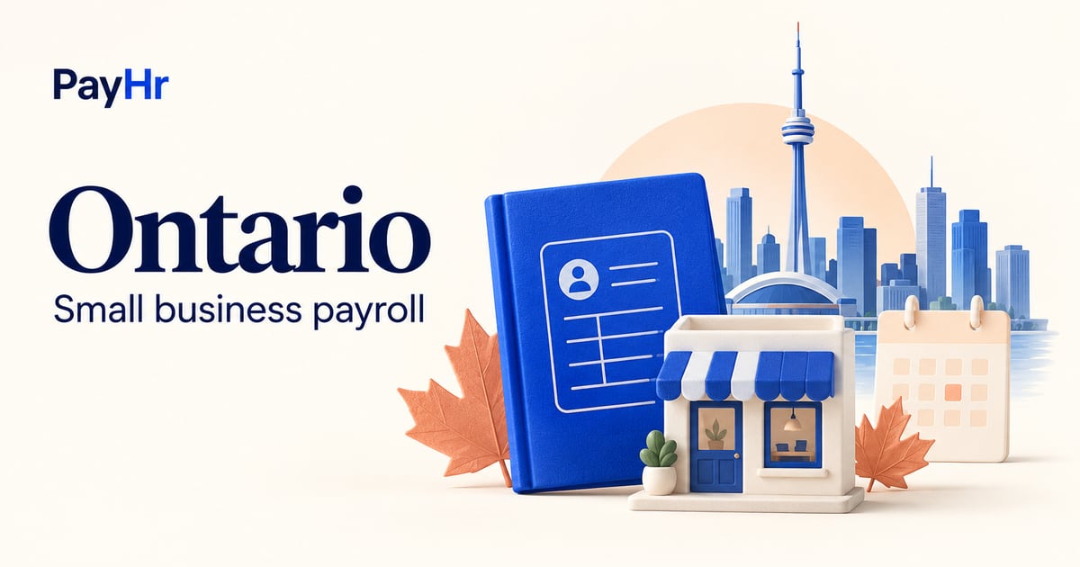 PayHr Ontario small-business payroll guide with a provincial landscape and payroll illustration.