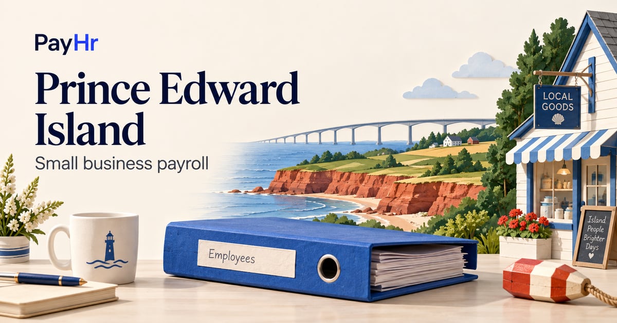 PayHr Prince Edward Island small-business payroll guide with a provincial landscape and payroll illustration.