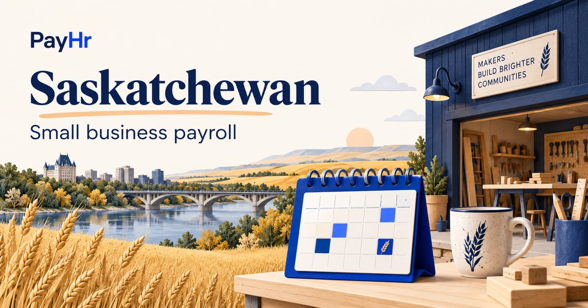 PayHr Saskatchewan small-business payroll guide with a provincial landscape and payroll illustration.
