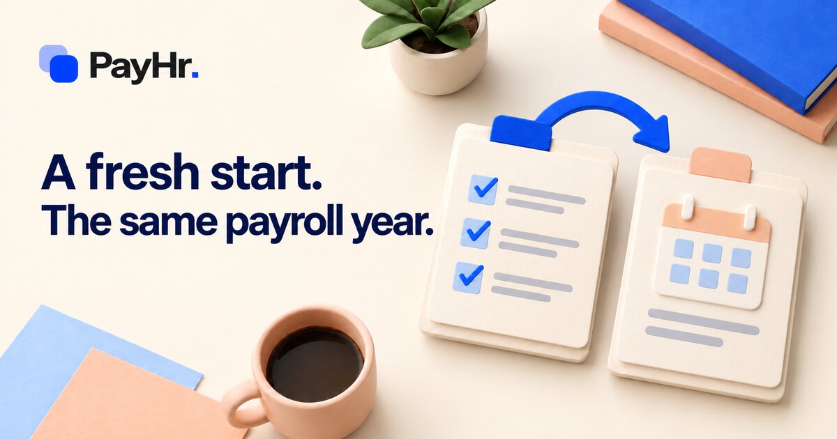 PayHr mid-year payroll switching guide with two folders, an arrow and a checklist.
