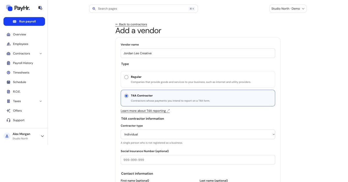 Actual PayHr add a contractor screen
