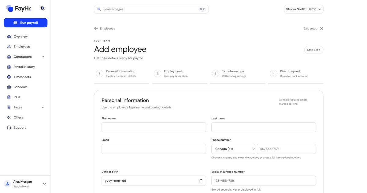 Actual PayHr add an employee screen