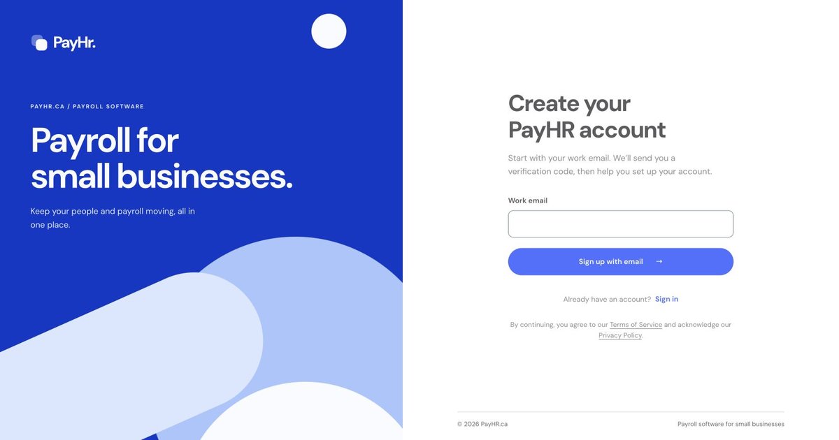 Actual PayHr create your payhr account screen