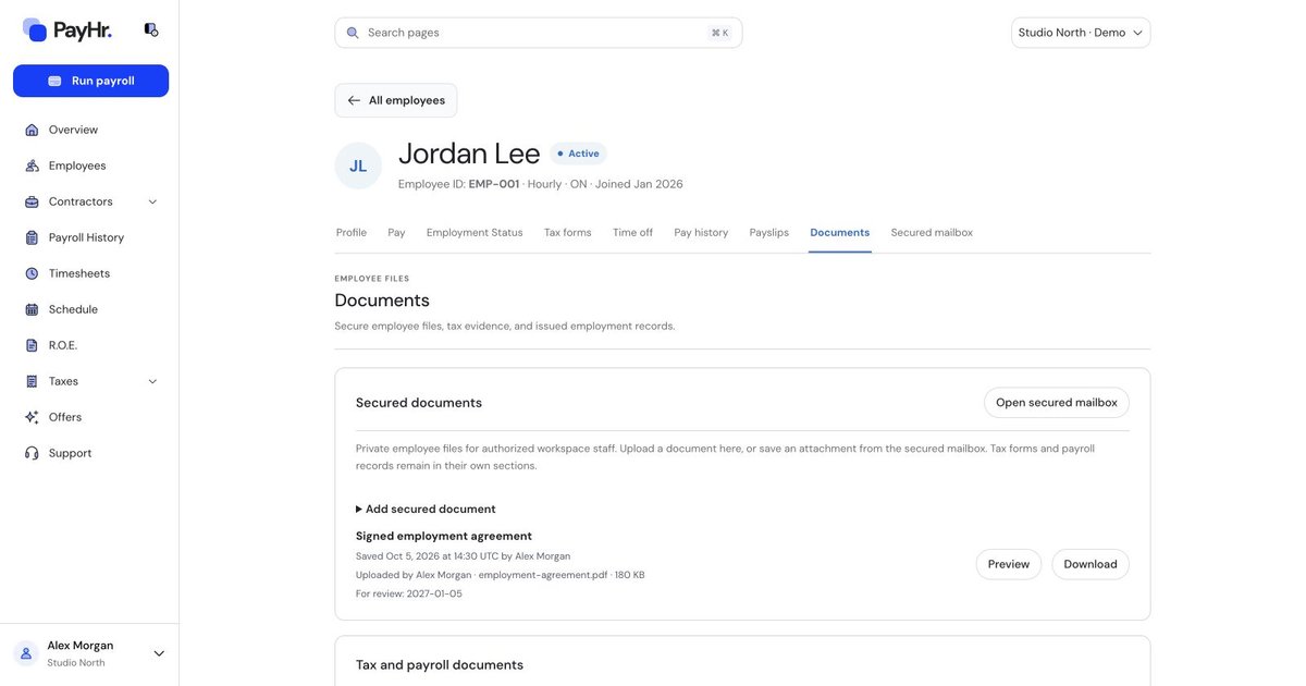Actual PayHr manage employee documents screen