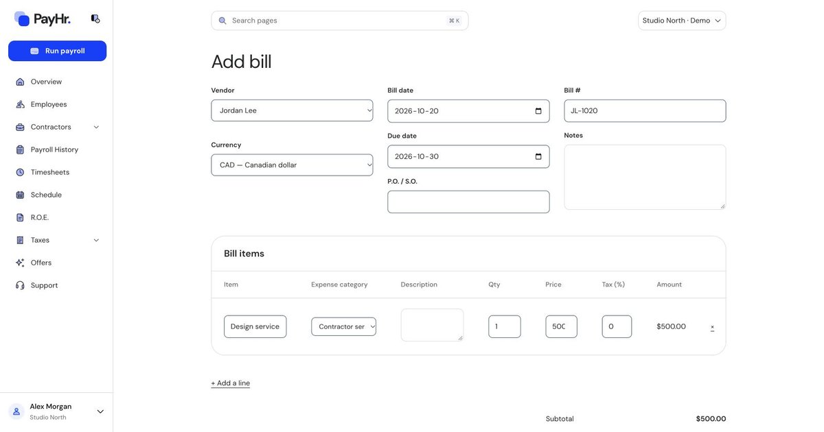 Actual PayHr pay contractors screen