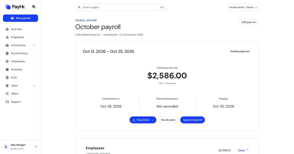PayHr payroll review screen