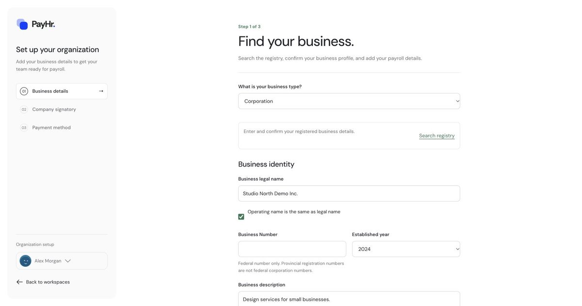Actual PayHr set up your workspace screen