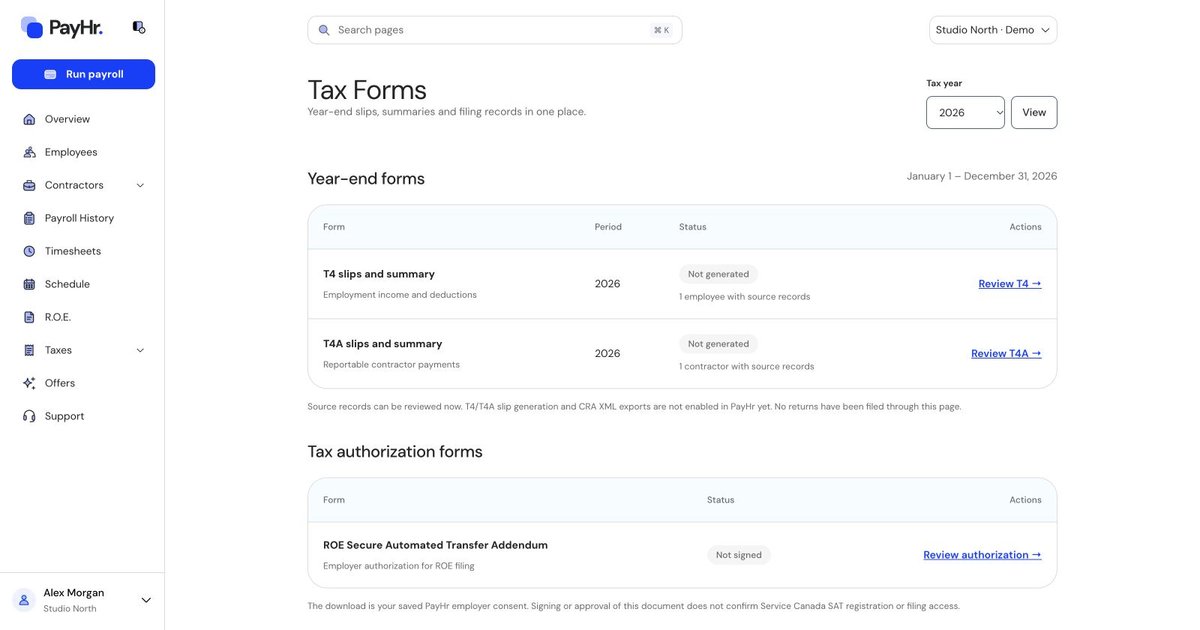 Actual PayHr review tax documents screen