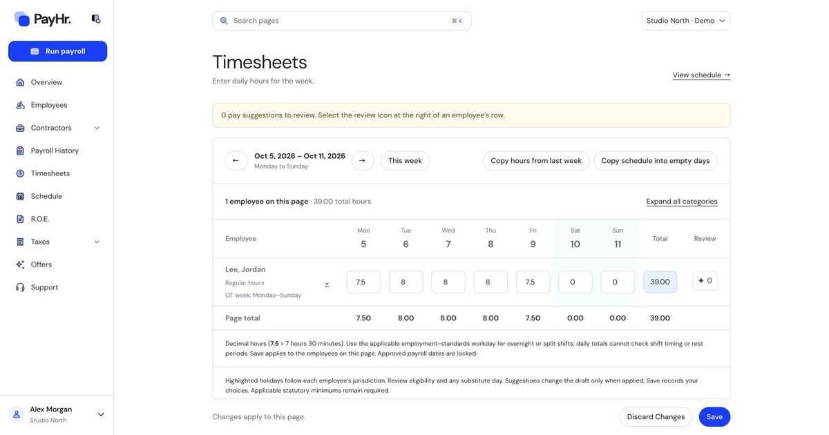 Actual PayHr enter weekly timesheets screen